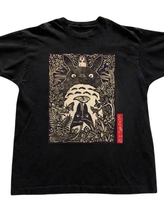 Gildan Tops - Black Short Sleeve Graphic Tee with Beige Totoro Design